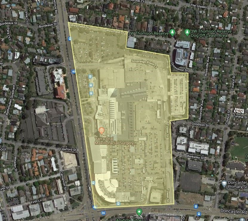 Map of designated area in Doncaster Westfield Shoppingtown and Transport precinct. Exact description in the copy above.