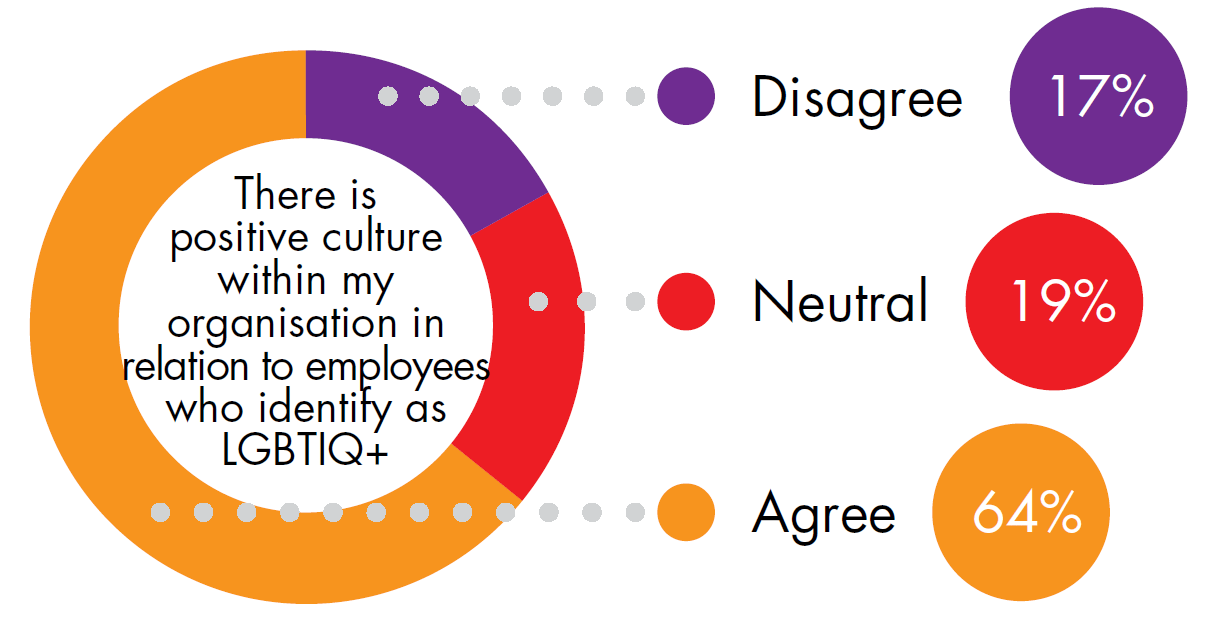 A pie chart with responses from Victoria Police's 2021 People Matter Survey. For the prompt "There is positive culture within my organisation in relation to employees who identify as LGBTIQ+", 19% employees disagreed, 19% responded with 'neutral' and 64% agreed.