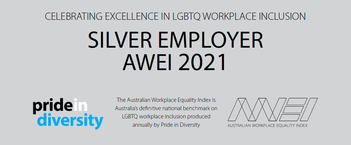 Celebrating excellence in LGBTIQ workplace inclusion silver employer 2021 from the Australian Workplace Equality Index. The Australian Workplace Equality Index is Australia's definitive national benchmark on LGBTQ workplace inclusion produced annually by Pride in Diversity.