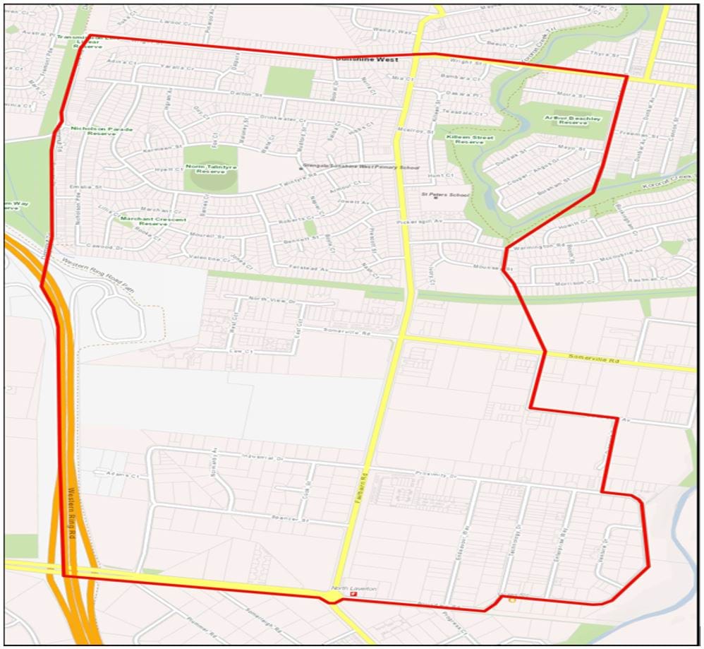 Map of the designed area of the planned operation in Sunshine West. 