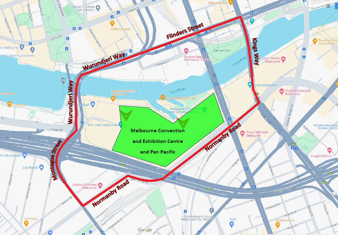 Map of the area surrounding Melbourne Convention and Exhibition Centre and Pan Pacific. 