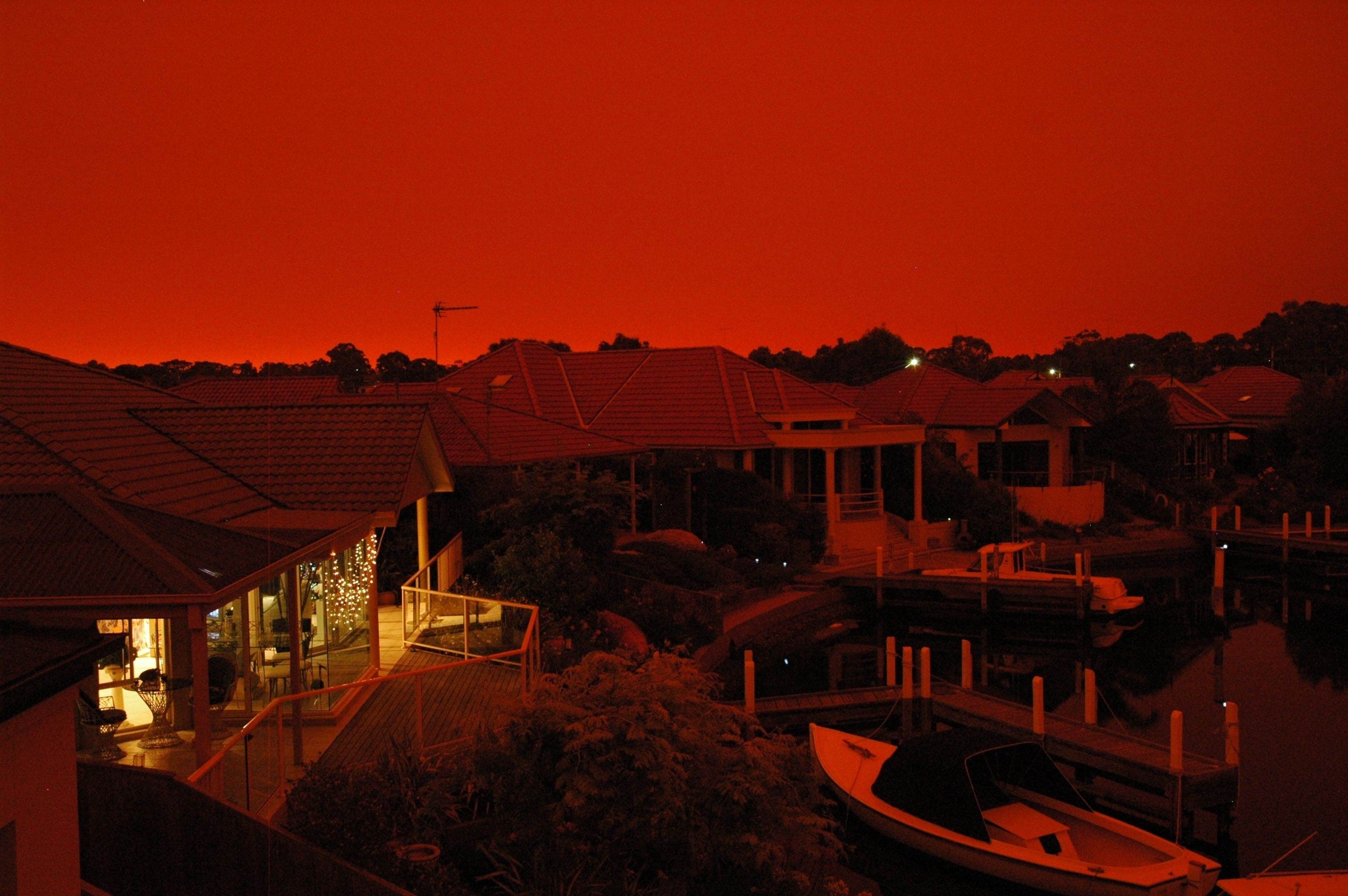 Victoria bushfires 2019-2020 - Red bushfire sky above property in East Gippsland