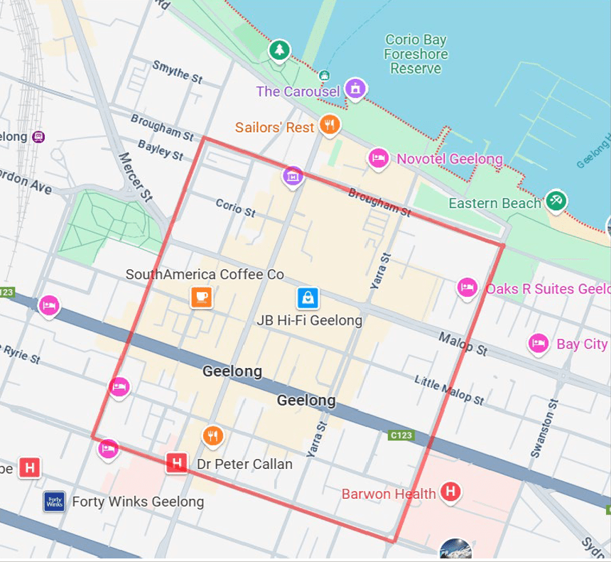 Map of the Geelong Shopping Precinct, bounded by Gheringhap St, Brougham St, Bellerine St and Myers Street.
