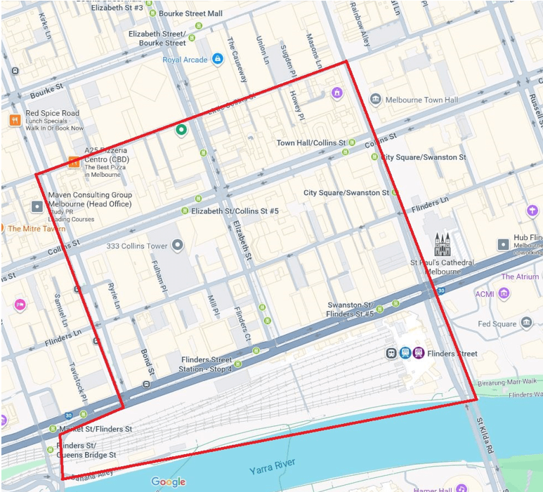 Map of the area bound by the intersection of Swanston Street and Yarra Walk, north to the intersection of Swanston Street and Little Collins Street, west to the intersection of Little Collins and Queen Street, south to the intersection of Queen Street and Flinders Street, west to the intersection of Flinders Street and Banana Alley, east along Banana Alley along Yarra Walk, and east to the intersection of Yarra Walk and Swanston Street.
