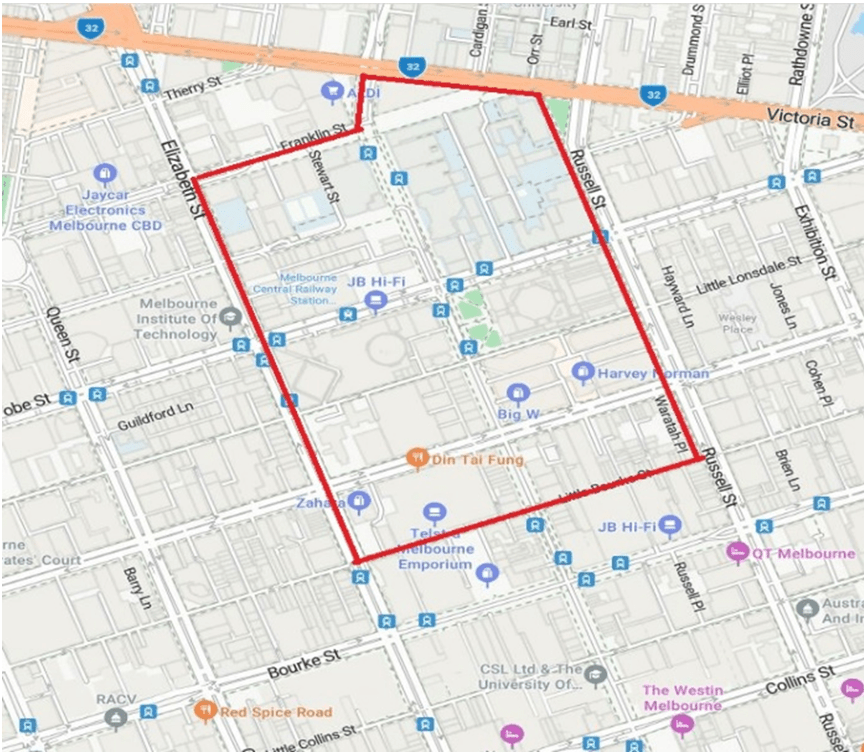 The area bound by Elizabeth Street, Little Bourke Street, Russell Street, Victoria Street, Swanston Street, and Franklin Street.