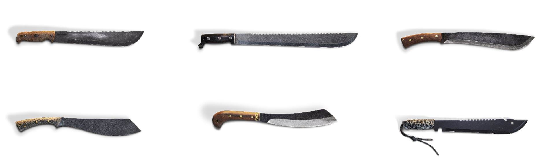 6 machetes on a white background. They each show a different type and width of long blade with a wooden handle. Some have curved blades or blades with teeth. 