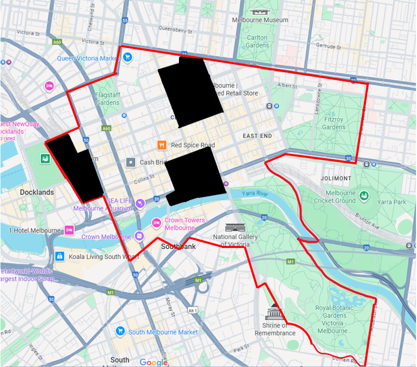 Map of Melbourne CBD designated area, and the excluded areas of Melbourne Central railway station, Flinders Street railway station, and Southern Cross railway station.
