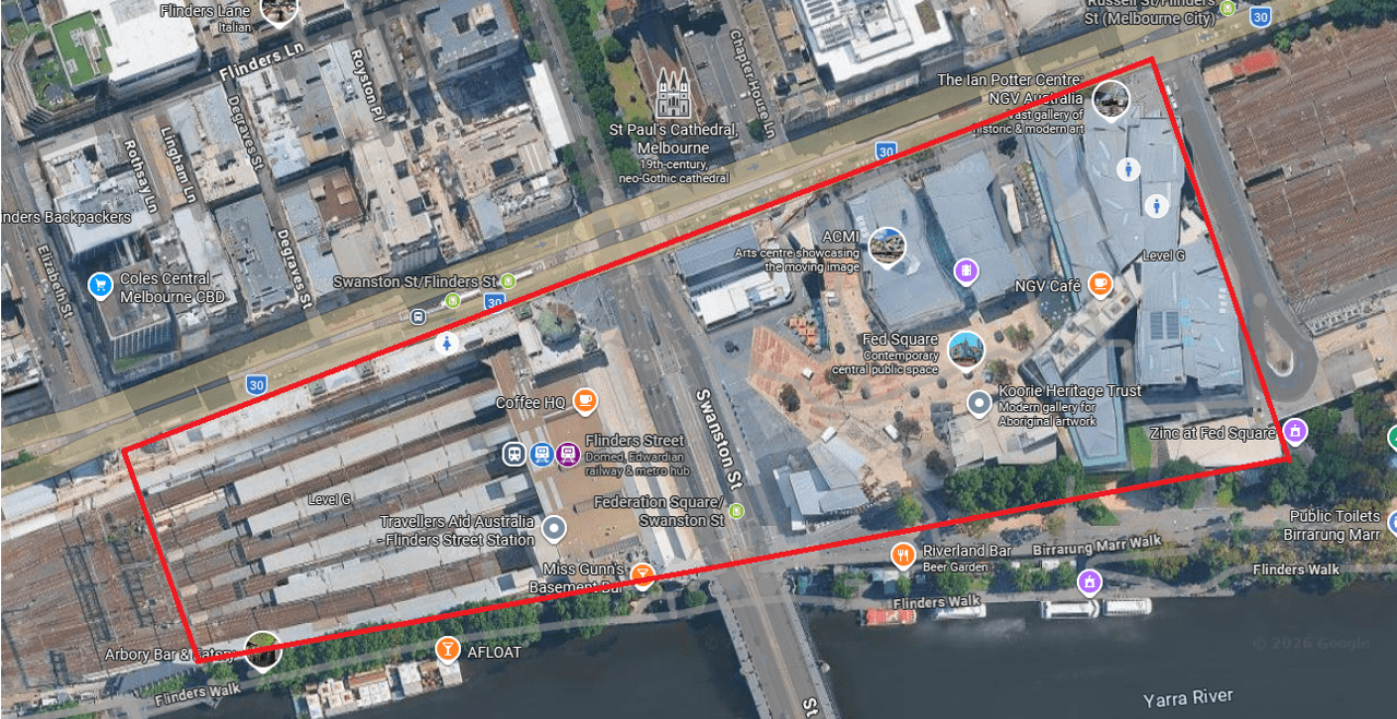Map of the area east from the junction of Flinders Walk and the Elizabeth Street pedestrian underpass of Flinders Street Railway Station to the South East corner of Federation Square, north to the intersection of Russel Street Extension and Flinders Street, west to the intersection of Flinders Street and the Elizabeth Street pedestrian underpass of Flinders Street Railway Station, south to the intersection of Flinders Walk and the Elizabeth Street pedestrian underpass of Flinders Street Railway Station